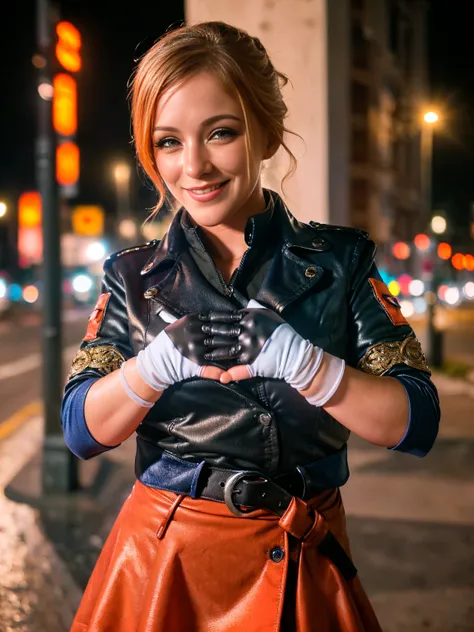 1girl,cowboy shot, beautiful valkyrie, looking at viewer, smile, short hair, blue eyes,heart cutout, gloves,  jacket, pink skirt, pink belt, short sleeves, puffy sleeves, single armband, fingerless gloves, orange hair, pink gloves, dynamic pose, night, out...