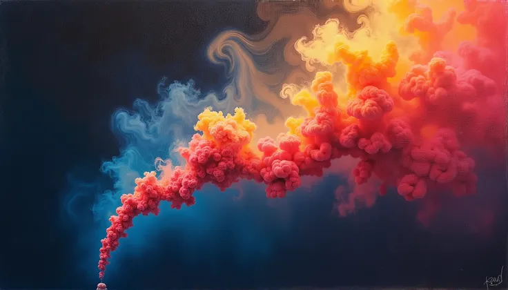 From the mouth comes a beautiful red and yellow smoke with blue and white smoke .  White and yellow neon rays emanate from the dark background and mix with the smoke, comme des toiles daraignées.  The image is painted in oil pastel with extremely fine deta...