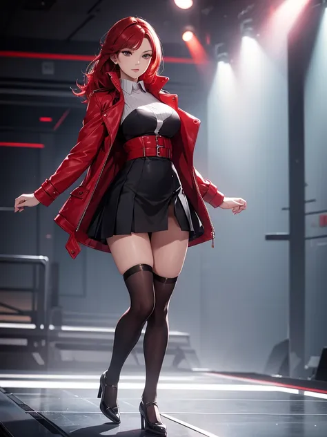 Close-up, Full Body, Beautiful Woman, Seductive Woman, Red Hair, Jacket and Skirt, Black Stockings, Walking on Runway