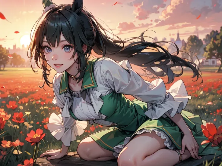 (Solo), (One adult female), (Adult style), (Sharp facial features), (Horse ears), (Long hair, low ponytail with big green ribbon), Sitting in open position with arms crossed, Sexy and comfortable outfit, (Light green skirt, smiling and showing gums), (Gras...