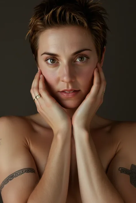 A professional close-up portrait photograph of a young woman Mel_C with very short hair, Realistic photo of a beautiful  woman,1girl,solo,looking at viewer,short hair,brown hair,collarbone,upper body,nude,red hair,lips,grey eyes,realistic,hands on own face...