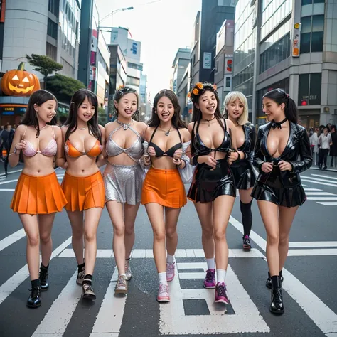 (((SFW, 11 Tiny Girls in a row:1.2, Shibuya Hachiko-mae scramble crossing on Halloween:1.2))), (masterpiece:1.2, best quality, photorealistic:1.37), {(Standing Full Body:1.2)|(from below:1.2)}, short silver hair, {School Uniform|naked bandage|tutu}, (Detai...