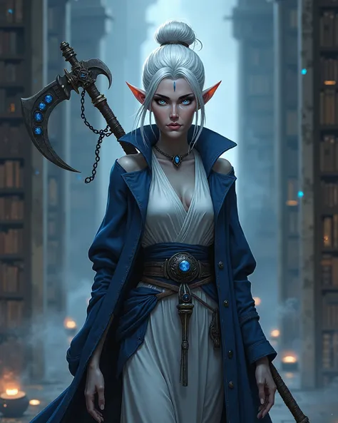 A full-body depiction of a tall and imposing female Goliath drow monk, named "Lonewalker" Vuma-Thigane. She has smooth, grayish skin and striking cobalt-blue eyes that exude confidence and power. Her white-silver hair is styled into a messy bun with a few ...