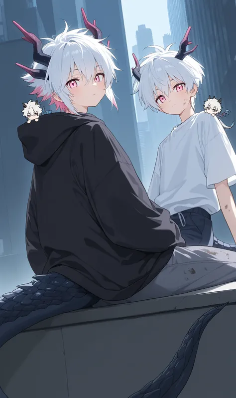 2boys,Pink Eyes,dragon horns on side of head,white hair,white ends of hair,muliticolored hair,looking at viewer,cute boy,white shirt,city,Anime, Anime Style,13year old boy, full body,sitting on ledge,dirty clothes,dragon tail,dragon scales on shoulder,over...