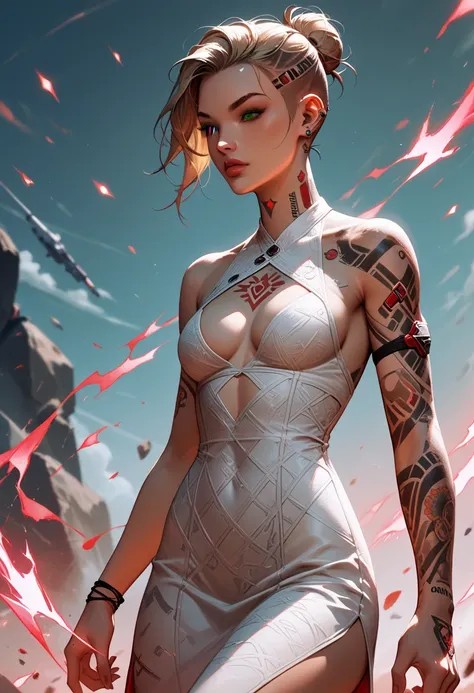 Score_9, score_8_up, score_7_up, MEJack, 1girl, slim figure, dark blonde hair, (green eyes), messy bun hairstyle, undercut hairstyle, tattoo,tattooed body, chest tattoo, wearing white bodycon dress, (sideless dress), keyhole cutout, (((red) psychic energy ...