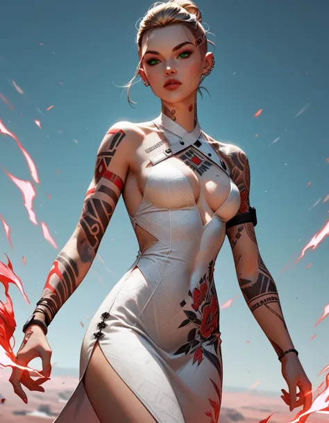 Score_9, score_8_up, score_7_up, MEJack, 1girl, slim figure, dark blonde hair, (green eyes), messy bun hairstyle, undercut hairstyle, tattoo,tattooed body, chest tattoo, wearing white bodycon dress, (sideless dress), keyhole cutout, (((red) psychic energy ...