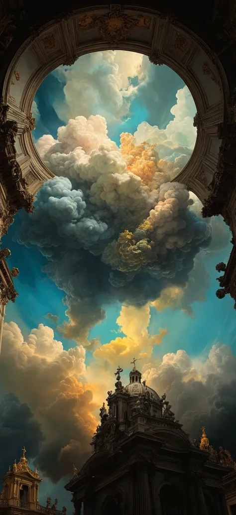  una vista de un techo con un sky y nubes, baroque digital painting, baroque dark art,  by Kim Keever ,  beeple and James Jean , Baroque Renaissance . MEDIUM SHOT, , sky, inspired  by Kim Keever , apotheosis,  inspired by Andrea Pozzo ,  Highly detailed su...