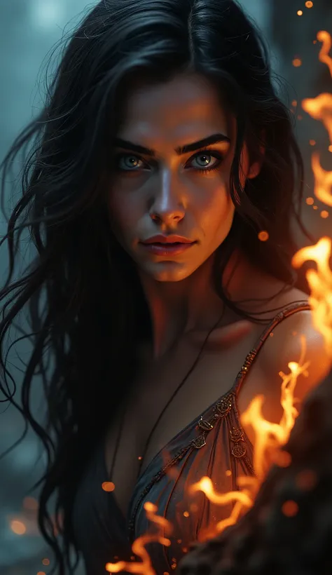  a brunette woman , branca dos olhos azuis With fire in the back, dark image, With fire in the back 