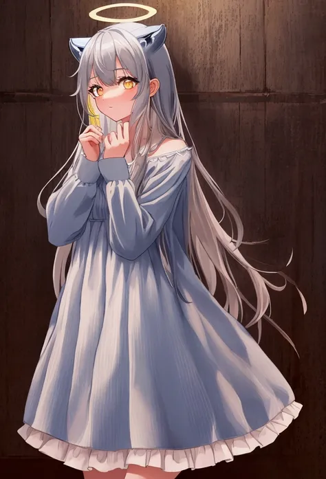 ( masterpiece fails,  better quality ),  1girl, {cocoons_bluearchive:1.15},  long hair , (  beautiful detailed eyes  :1.15), (  cowboy shot :1.5),  orange eyes ,  grey hair, bang,  multicolored hair , striped hair , animal ears, halo, Striped dress, vertic...