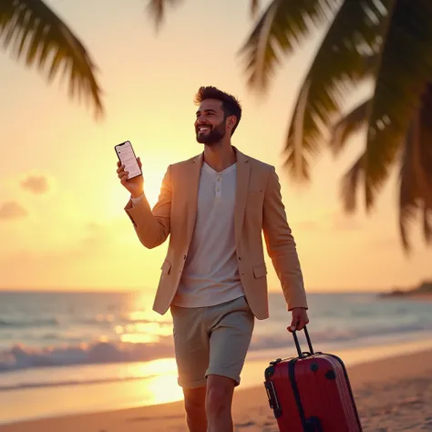  A smiling entrepreneurial person enjoying their personal life on a paradisiacal trip ,  walking relaxed on the beach at sunset ,  with a cell phone in her hand , But worry-free .  The cell phone displays automatic notifications being answered successfully...