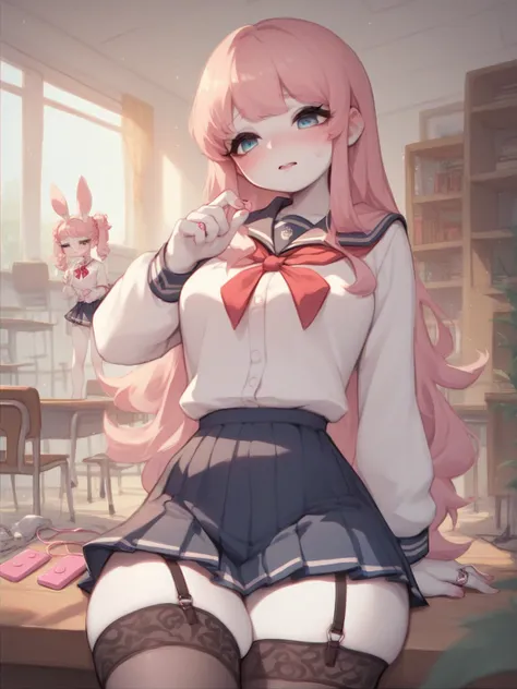 Cumdale Sikorsky , Russian female bunny , white skin , silky school uniform , middle skirt , Garter Ring , on the class room , Inner thighs , (pink vibrator:0.8)