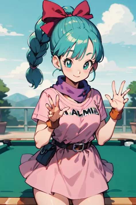 masterpiece, detailed eyes,detailed face,detailed skin,shiny skin,kyoto animation,best quality, highres, dragon ball, blmpony, aqua hair, hair ribbon, braided ponytail, pink shirt, belt, scarf, pink skirt, clothes writing, brown gloves, medium breasts, out...