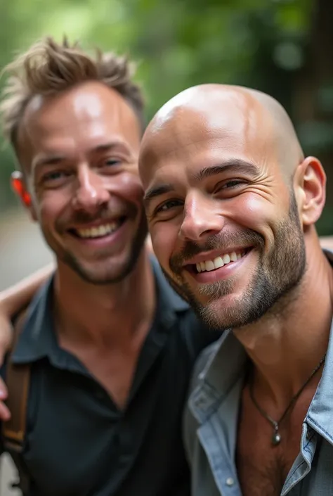 a totally bald man just hanging out with his friend. The friend has regular hair.