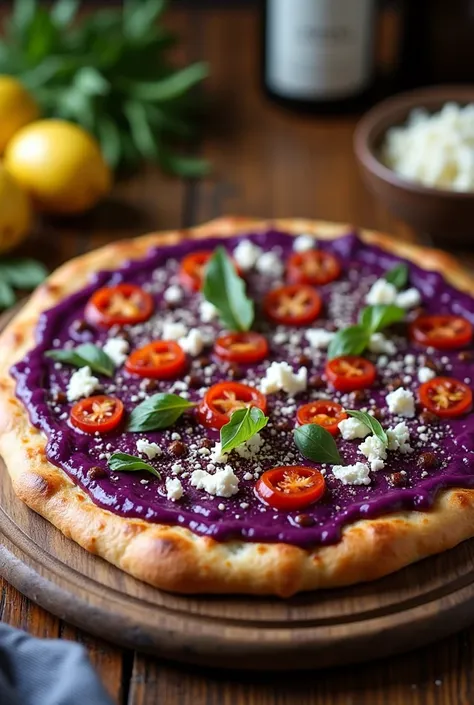 Dough pizza with purple corn flour and a rocoto jam sauce decorated to your taste