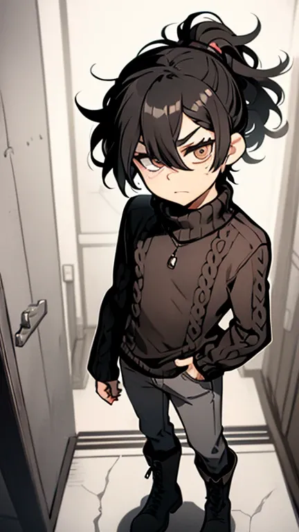 (  Detailed  ), (((normal boy))), ((  black hair rizado   Ponytail hairstyle  )), ((  Ponytail hairstyle  )), (calm face), ((brown boots)), (((  full body ))), ((male)), (((gray turtleneck sweater ))), ((solo una persona)), (por la noche), ((brown eyes)), ...