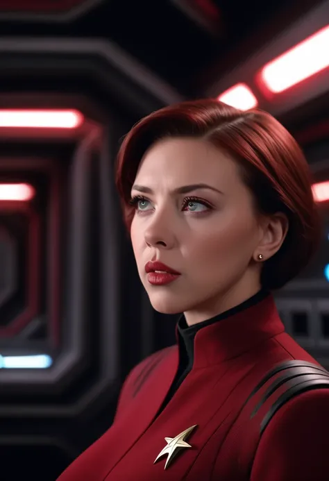 
 Scarlett Johansson ,  has an extremely detailed face,  beautiful detailed eyes ,  beautifully detailed lips ,  long eyelashes ,  giant breasts ,  red Starfleet uniform ,  serious expression ,  gives commands ,  on the Deep Space Bridge 9 , DS9 ,  intrica...