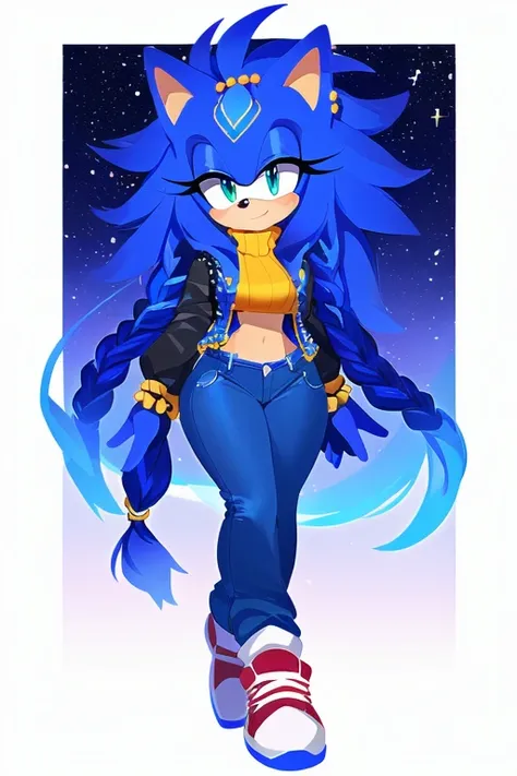 Sonic oc, Mobian, female, sonic the hedgehog but female, Cosmic hedgehog, A beautiful light blue hedgehog, purplish blue eyes, very long hair/quills, braided and beaded long hair bangs, long streaks of hair on each side of her face, (star constellation on ...