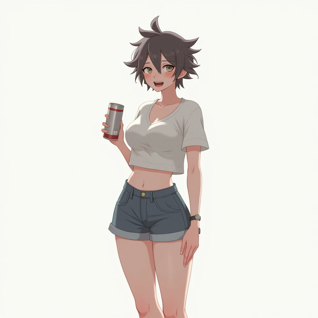 1girl, solo, looking at viewer, blush, open mouth, short hair, simple background, shirt, large breasts, white background, shorts, spiked hair, cropped legs, genderswap (mtf), drink can, holding can