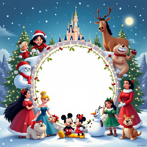 A christmas illustration with a central empty space for a writing surrounded by all the disney characters well defined!!!