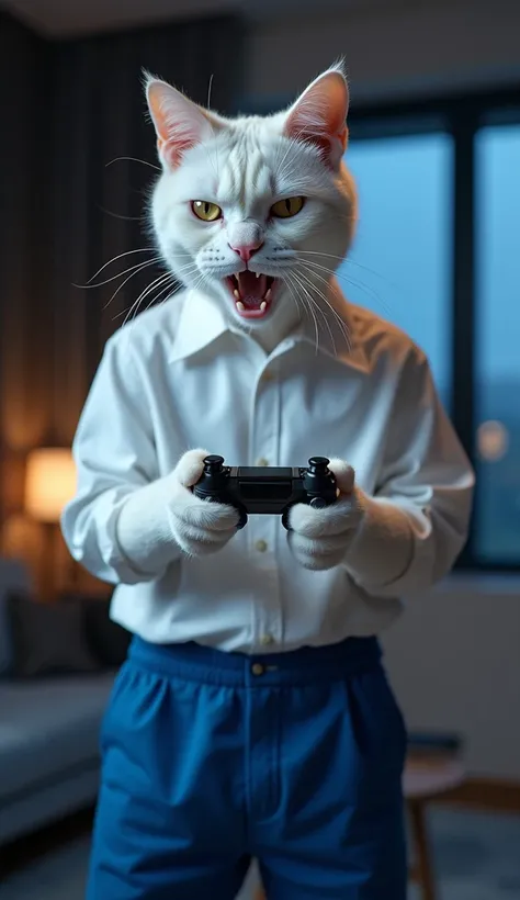 A smart, human-like white cat, dressed in a stylish half-sleeve white shirt and blue pants, standing straight in a modern living room at night. The cat is holding a single gaming controller tightly in both hands, glaring with intense anger and focus. Its p...