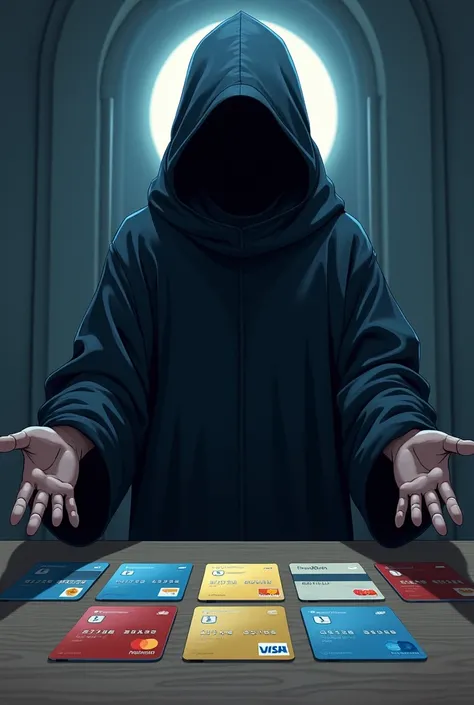 Create an astronaut in dark robes , that does not show the face,  on a table presenting 7 credit cards that are on the table, and with arms outstretched , ( anime style )