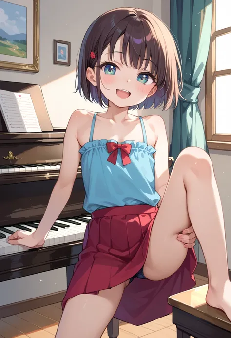 (( top quality)), ((masterpiece)), (be familiar with),  perfect face, indoor, bedroom,  watching viewers,
One woman, Mikazuki Kan,
 open mouth,  ecstatic expression beside the piano, blush, smile,
 small ,  flat chested, Young girl, Lori,  kids,  girl,
Sho...