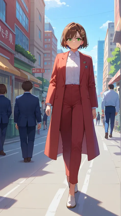  top quality, masterpiece,  super high resolution , whole body,Older sister ,  anime style ,  walking in an urban cityscape , Red brown hair short hair , GREEN EYES,  in a suit,  hair ornament,  looking at me