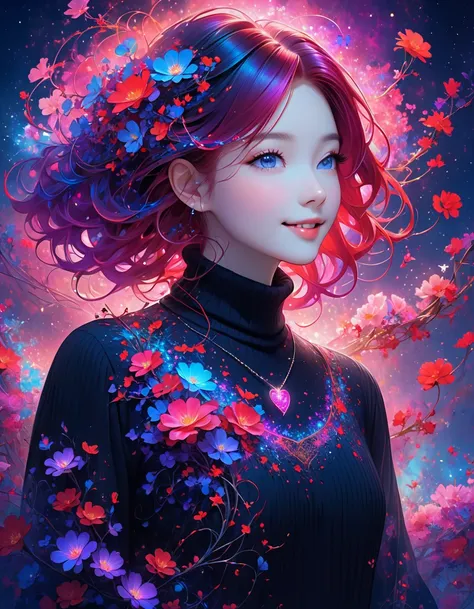 The image showcases a person wearing a black turtleneck sweater with vibrant, colorful  red hair adorned with small glowing flowers and vines that appear to be part of a digital or fantasy effect. The hair transitions smoothly between shades of purple, blu...