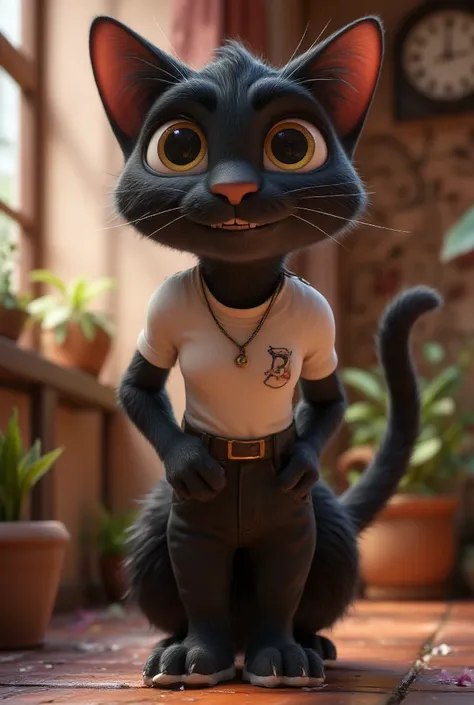 A black cat with a human body , He wears a white t-shirt and black pants and white shoes with his hands in his pockets looking at the spectator in modern style, tender