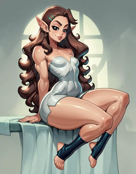 A short elf girl, elf girl, ((very long wavy dark brown hair)), ((dark Black eyes)),((very muscular)) ((tiny flat breasts:)) ((thick thighs and hips:1.3)) ((hip dip:1.5))((tiny flat breasts)),1girl,reiq art style,very short,tiny,muscular,sexy perfect feet,...