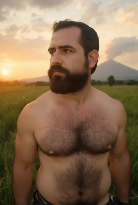  Portrait of an adult male  ,  muscular and bare-chested  ,   with a beard and well-kept dark hair  ,   of a sturdy and manly appearance  .   He is in an open field with green grass at dusk  ,   as the sun sets on the horizon with an erupting volcano in th...