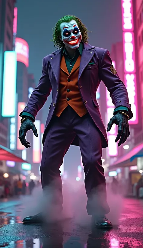 "Create a highly detailed 4K image of a monstrous hybrid creature combining the characteristics of Joaquin Phoenixs Joaquin Joaquins Deadpool,  set in a vibrant cyberpunk city . } The creature has a pale, painted face and green hair of the Joker ,  but his...