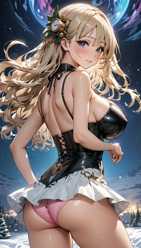 Aurora Night Sky 、Snow Scene、 Christmas Party、micro pink panties、Night lights、 squats、Hunchback、Big Breasts、Accentuate your big butt、 （  dynamic composition viewed directly from below:1.8）、 Transparent Hair 、((masterpiece,   top quality,     最 high image q...