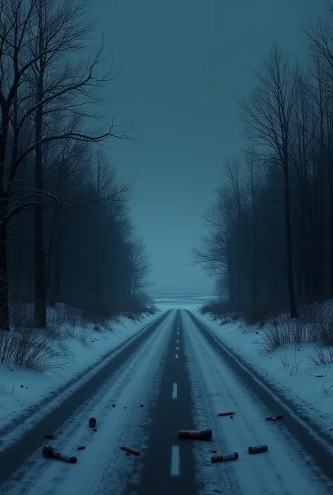 Shade, ice, road, night, snow, sea, beach, cigarettes, liquor, solitude, and forest,  No human, a bit darker, heavy