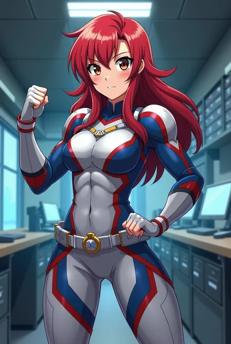   My Hero Academia Style ,   anime girl  , woman, young woman ,  full body shot ,( Fighting Stance :1.3), long hair, Red Hair,   Brown Eyes , hero suit, Full Body Suit, silver suit with red and blue details,  Perfect Anatomy  ,  enhanced abs , super detail...