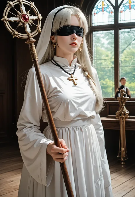  an older nun  , is standing, has a wooden staff in its hands ,  she is in a large basement made of stones and woods  ,  she has blindfolds  , usa um colar de pérolas white e nas pontas uma cruz de prata,  a nuns outfit made entirely of lace , props neckla...