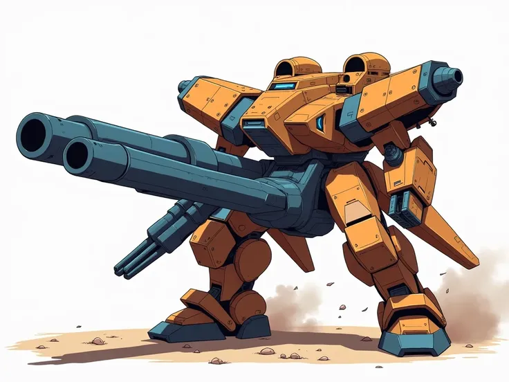 A light war vehicle colored brown and blue, in a battle. It has a double cannon. The style is futuristic anime. The setting is clean and minimal, no text or symbols. The colors are flat and stylized, resembling traditional anime aesthetics, with clean line...