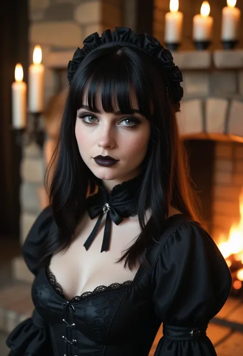 score_9, score_8_up, score_7_up, Western Comics, Portrait, girl, gothic, cute, seductive, innocent, light smile:0.3, plump lips, slender body, pale skin, long straight black hair, bangs, black goth dress, medieval theme, fire in the fireplace background, d...