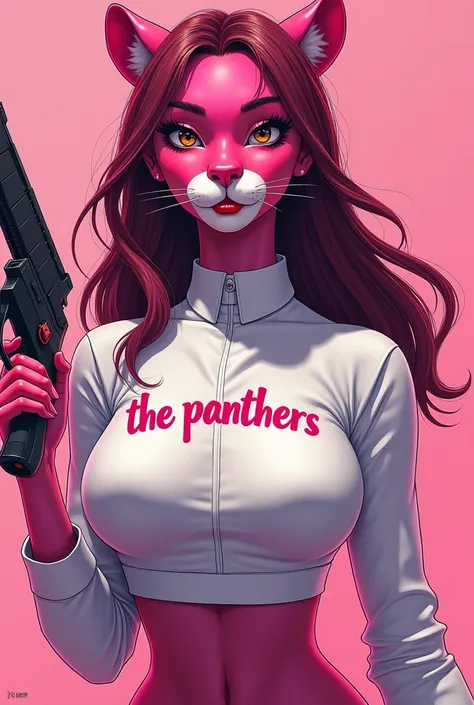 Pink panther image best illustration for female clan for female game with loose hair high white collar shirt written in the middle of the shirt the panthers with a gun in their hand  