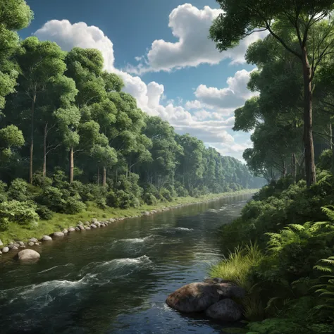 A landscape of forest, with big forest, river, some clouds, photorealistic 