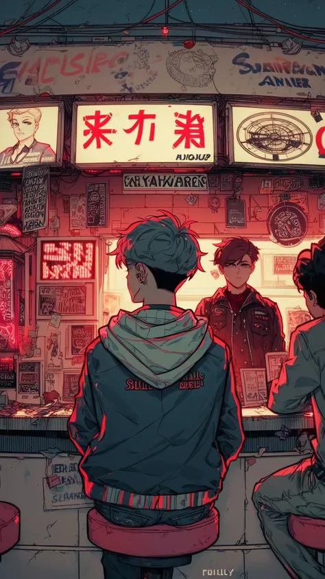 anime style, cool and edgy, thicker outlines, painterly elements, fine details, soft edges, A young man sitting at his back at a small urban food stall, wearing a jacket, dimly lit by red neon lights, surrounded by signs, dark ambience, moody, flat and min...