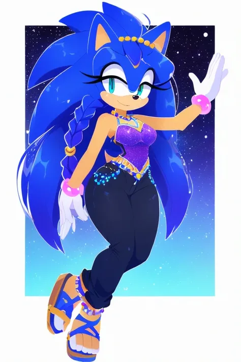 Sonic oc, Mobian, female, sonic the hedgehog but female, Cosmic hedgehog, A beautiful light blue hedgehog, purplish blue eyes, very long hair/quills, braided and beaded long hair bangs, long streaks of hair on each side of her face, (star constellation on ...