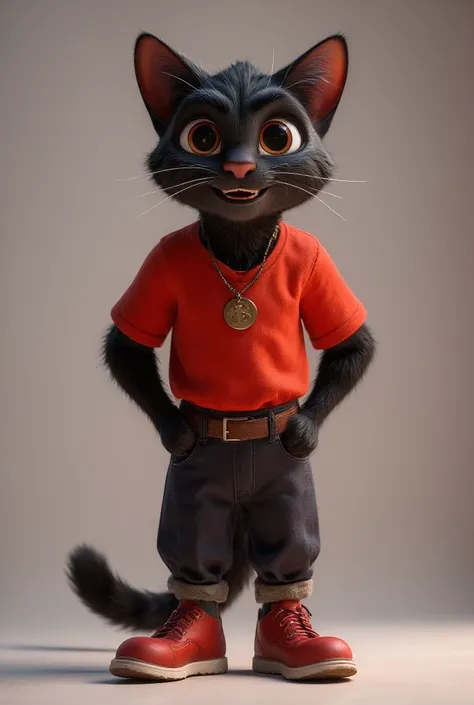 A male black cat with a human body , He wears a red t-shirt with dark pants and red shoes with his hands in his pockets looking at the spectator in modern style, tender,  brown eyes , skinny