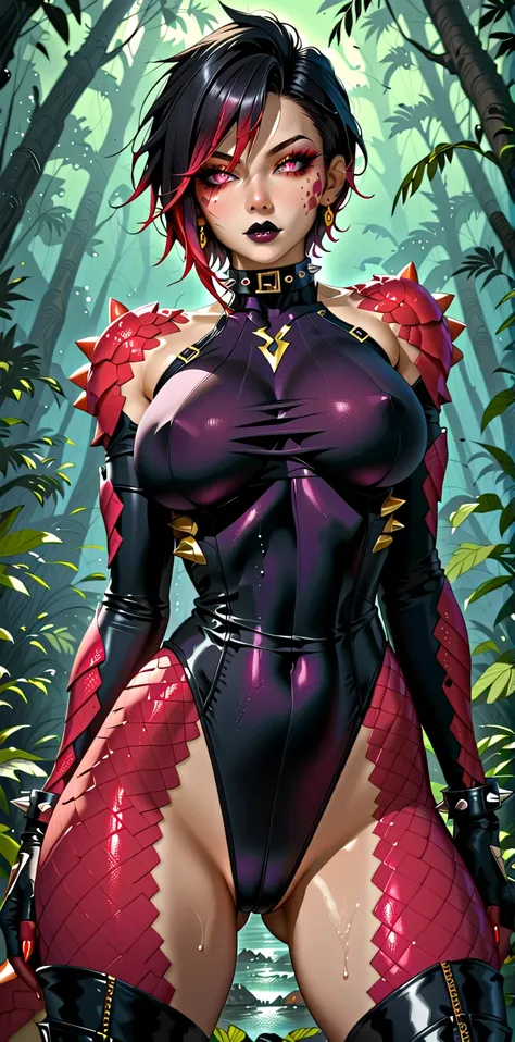 score_9, score_8_up, score_7_up, solo, 2girls, Expressiveh, source_anime, masterpiece, masterpiece, full body, ht_riza, reptile woman, monster girl, standing, legs spread wide open, ((scaled skin, reptile skin:1.3)), ear piercing, earrings, spiked collar, ...