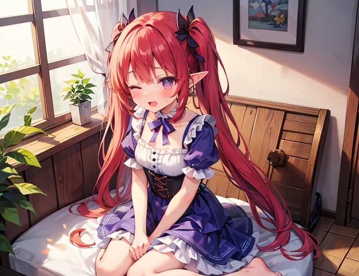 1girl, solo, masterpiece, best quality, (anime art style:1.0), elf ears, long flowy red hair, eyes closed, layered dress, corset dress, purple dress, frilly gown, butterflies are encircling around the girl, hair accessories in her hair, cute girl, pigtails...