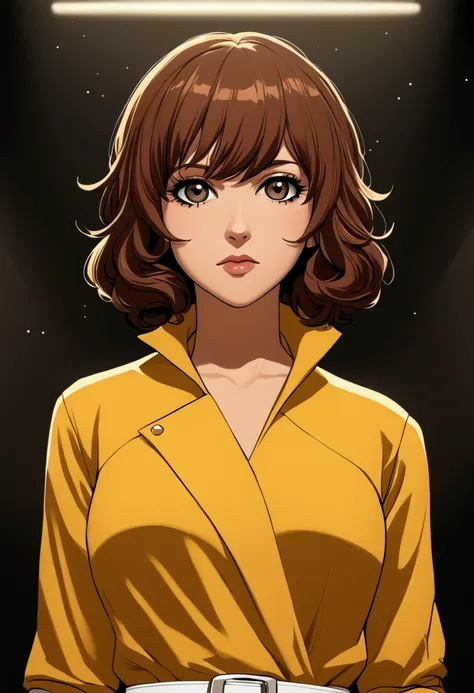 absurdres, april oneil, 1girl, short brown hair, black eyes, upper body, yellow jumpsuit, sleeves rolled up, white belt 