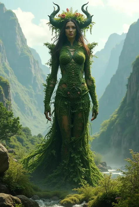 Gaia, a tall and serene goddess with a body resembling a living forest, appears as the mother of all life, ancient times, her attire made of moss, flowers, and vines, standing on fertile ground covered in wild vegetation, the background depicting a lush em...