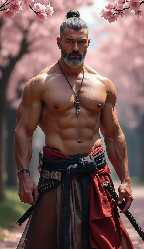 a extremely handsome and masculine, extremely huge & stocky muscular middle-age asian (japanese) shogun, wide forehead, square jaw, alpha male, thick eye brow, grey hair in chonmage style, short grey moustache, short grey stuble, shirtless (exposed chest),...