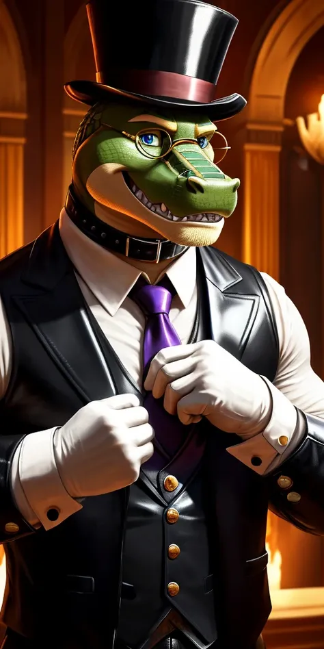 Solo, close up, Male, fat, extremely obese, gentleman, dapper Magician Brok the Alligator, blue eyes, wearing a top hat, wearing a glossy leather collar, wearing the leather collar and necktie at the same time, (posing:1.3), (soft shading), 4k, hi res, ((d...