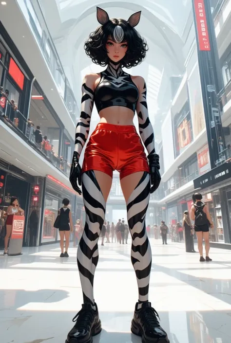 A hybrid between a human female and a zebra, the head is zebra like and the body is similar to a human female with an athletic body, the hairstyle of the hybrid is resembling a 70s hairstyle with black and curly hair, the hybrid is dressed in short red pan...